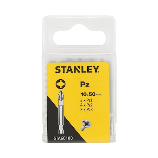 STANLEY STA60180 Pozidriv screwdriver bits set in clear box, front angle, yellow and black label.
