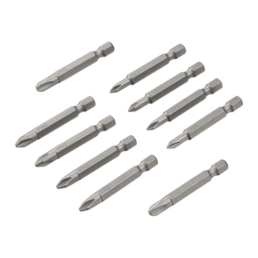 STANLEY STA60260 screwdriver bit set, ten silver Phillips bits, flat lay angle, white background.