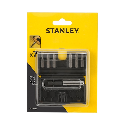 STANLEY STA60480 screwdriver bit set in retail packaging, front angle, includes multiple bits and handle.