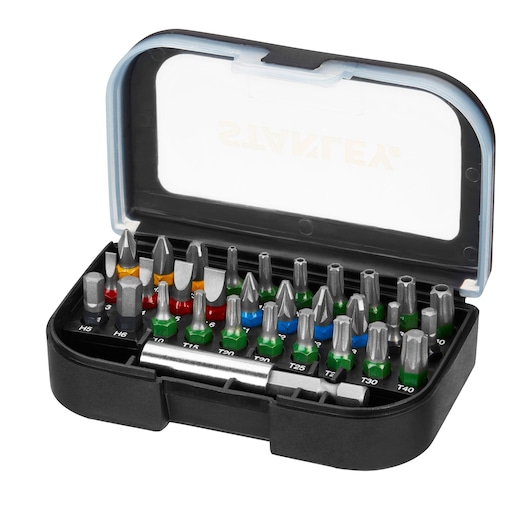 STANLEY STA60491M screwdriver bit set with colored bits in a black plastic case, photo from front angle.