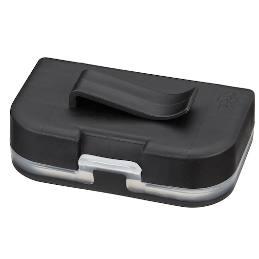 STANLEY STA60491M black plastic storage case with handle, front angle photography.