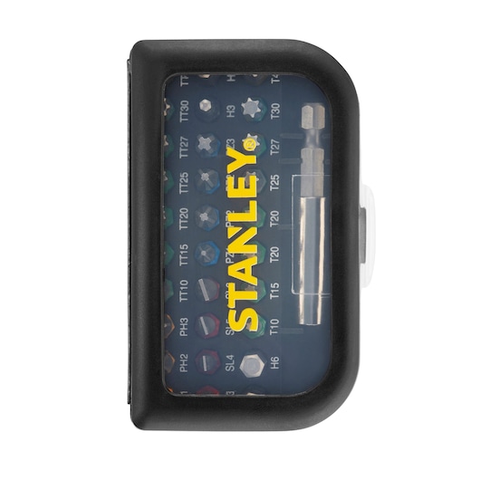 Photo of STANLEY STA60491M screwdriver bit set in a black plastic case, top view, with labeled slots.