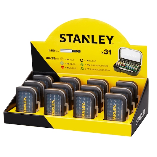 STANLEY STA60491M bit set display box, front angle, yellow and black case with visible STANLEY branding.