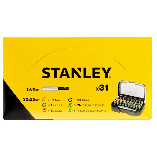 STANLEY STA60491M 31-piece screwdriver bit set in yellow box, case with color-coded bits, front angle.