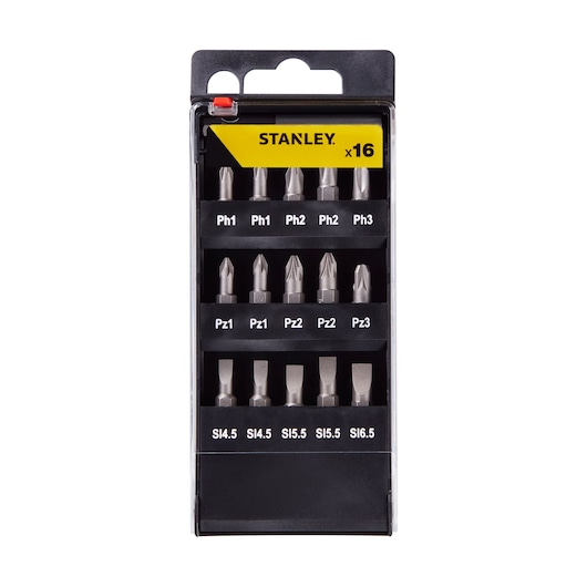 STANLEY STA60506 screwdriver bit set, 16-piece assortment in black case, front view on white background.