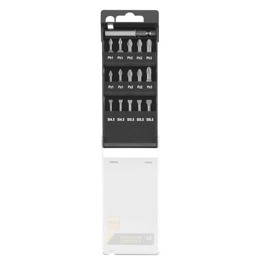 STANLEY STA60507 screwdriver bit set in black plastic case, shown open with assorted bits organized in rows.