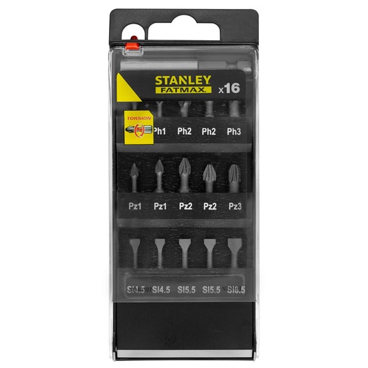 STANLEY STA60507 screwdriver bit set, FATMAX, 16-piece, front angle photo in clear plastic box.
