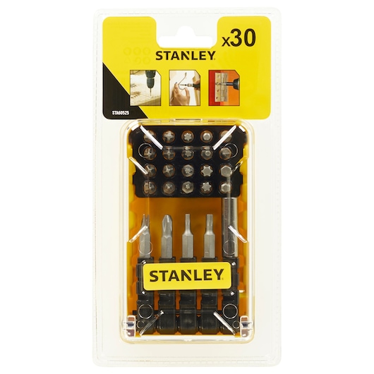 STANLEY STA60525 30-piece screwdriver bit set in yellow plastic packaging, front angle.