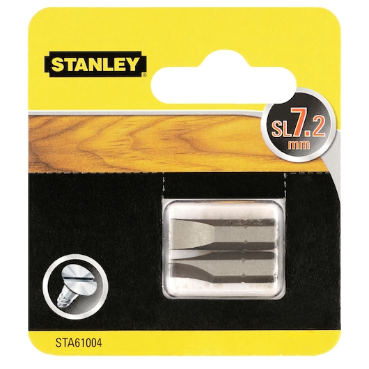 STANLEY STA61004 flat screwdriver bits 7.2 mm in retail packaging, front angle photo.