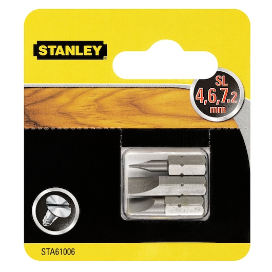 STANLEY STA61006 screwdriver bits set, SL 4, 6, 7.2 mm, front angle, blister packaging.