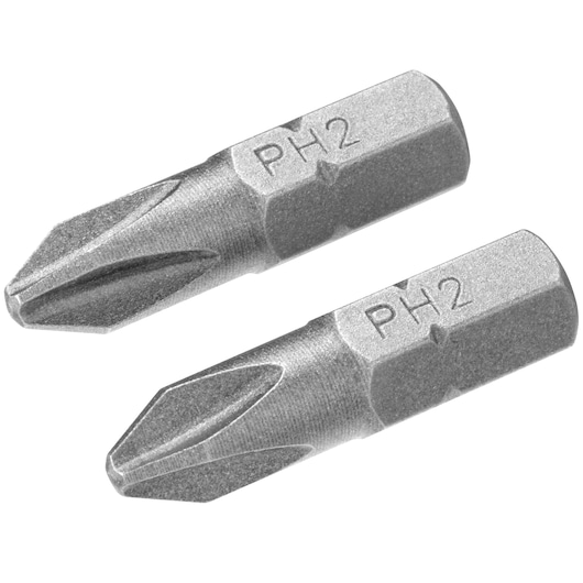 STANLEY STA61021 two silver PH2 screwdriver bits, product photography on white background.