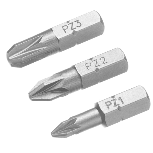 STANLEY STA61043 photography of three silver Pozidriv screwdriver bits PZ1, PZ2, PZ3 on white background