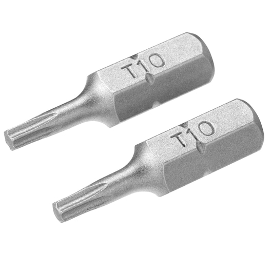 STANLEY STA61060 Torx T10 screwdriver bits, silver metal, pack of two, product photo on white background.