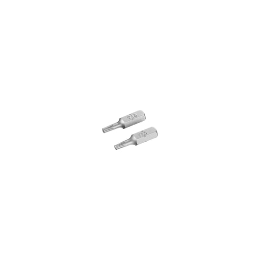 Photo of STANLEY STA61061 torx bits, silver color, two pieces, top view on white background.