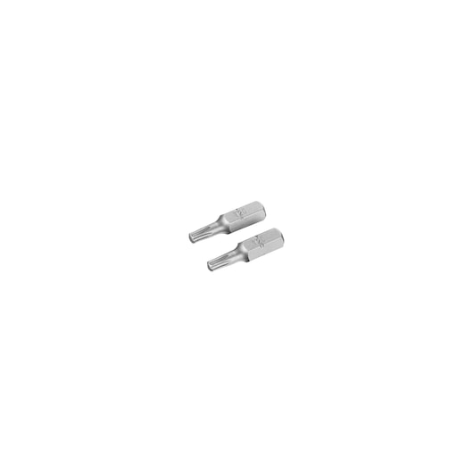 STANLEY STA61062 silver screwdriver bits set, two Torx bits, top view on white background.