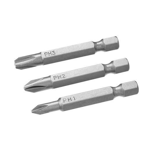 STANLEY STA61160 set of three Phillips screwdriver bits, sizes PH1, PH2, PH3, angled on white background.
