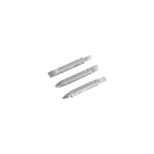 STANLEY STA61380 double-ended screwdriver bits, silver set of three, flat and Phillips tips, top view.
