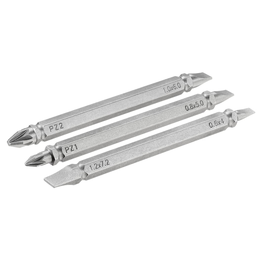 STANLEY STA61382 screwdriver bit set, three silver double-ended bits, side angle on white background.