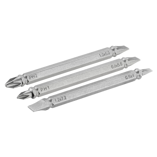 STANLEY STA61383 screwdriver bit set, three double-ended bits, silver, side angle, on white background.