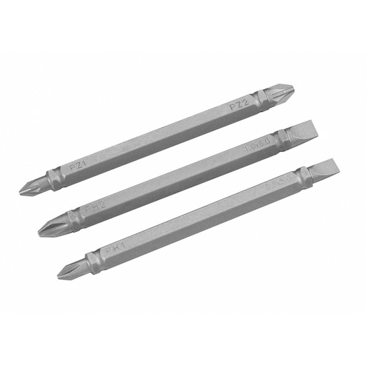 STANLEY STA61384 screwdriver bit set, three double-ended bits in silver, flat lay with white background.