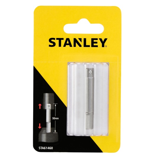 Photo of STANLEY STA61460 socket adapter in retail packaging, shown from the front on a white background.