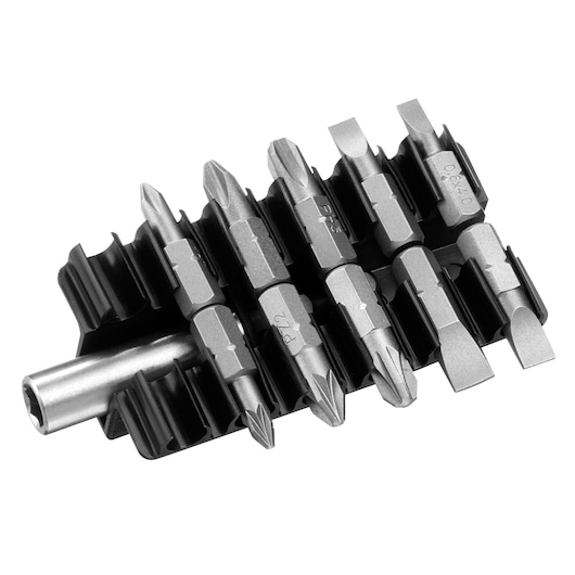 STANLEY STA61481 screwdriver bit set, black and silver, product photo, angled on white background.