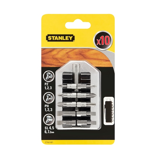 STANLEY STA61481 screwdriver bit set with 10 assorted bits in a blister pack, front angle.