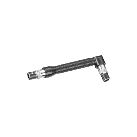 Photo of STANLEY STA61520 right angle black and silver screwdriver attachment on white background.