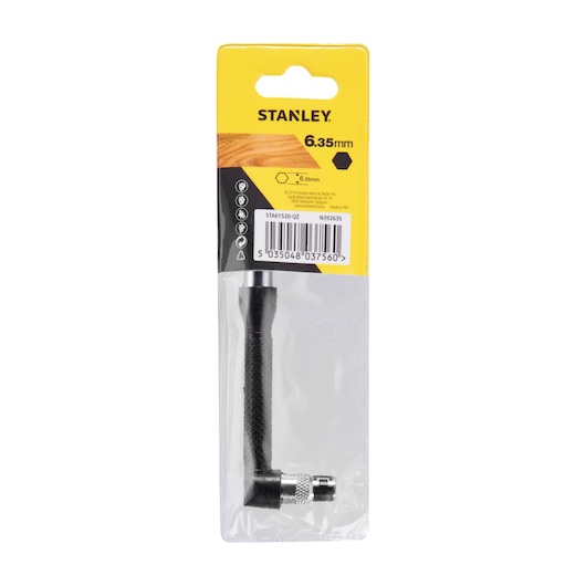 STANLEY STA61520 hex bit holder, 6.35mm, black and silver, product packaging, front angle.