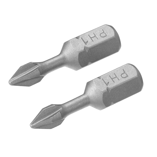 STANLEY STA62020 photography of two PH1 screwdriver bits, silver, close-up, on white background.