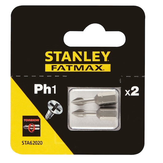 Stanley STA62020 Fatmax Ph1 screwdriver bits pack, two silver bits on white background, front view.