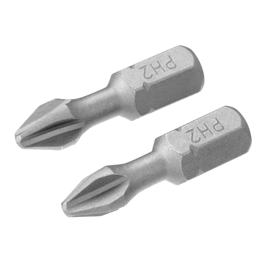 STANLEY STA62021 two silver PH2 screwdriver bits, product photography, angled on white background