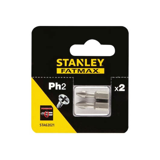 STANLEY STA62021 screwdriver bits pack, Ph2, FATMAX, two bits, front angle, black and yellow packaging.