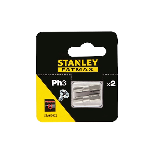 STANLEY STA62022 screwdriver bits pack, FATMAX, PH3, set of 2, front angle photo on white background.