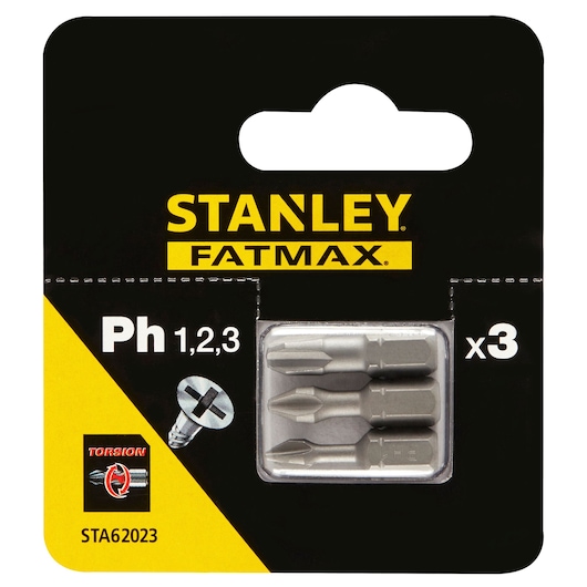STANLEY STA62023 screwdriver bit set, FatMax range, pack of three Philips bits, front angle.