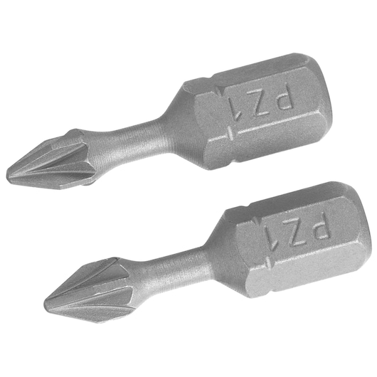 STANLEY STA62040 two silver Pozidriv screwdriver bits, side view, on white background.