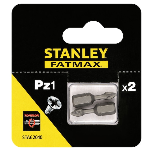 STANLEY STA62040 FATMAX Pz1 screwdriver bits pack of 2, photography, front angle on white background.