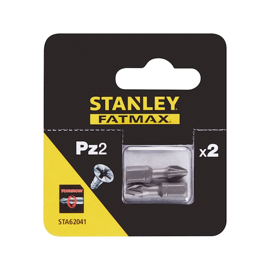 STANLEY STA62041 screwdriver bits Pz2, pack of 2, front angle on white background packaging.