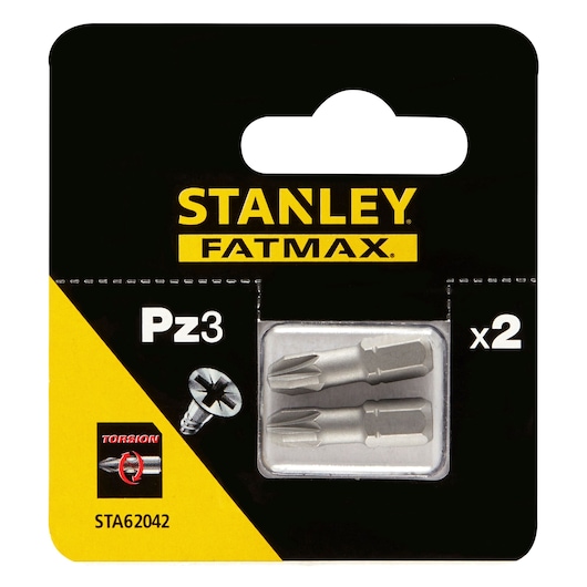 STANLEY STA62042 screwdriver bits Pz3 x2 in retail packaging, photo of front view on white background.