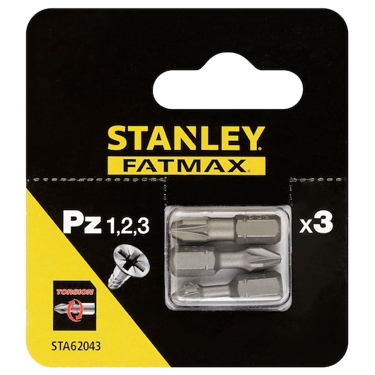 STANLEY STA62043 screwdriver bits set Pz 1,2,3 Fatmax, front angle, pack of 3.
