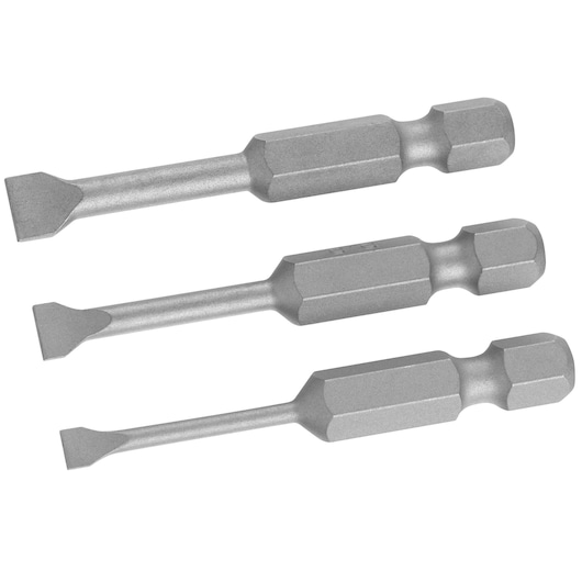 STANLEY STA62140 screwdriver bits set, three flat head bits, silver, side angle photo, white background.