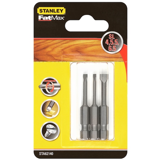 STANLEY STA62140 screwdriver bit set, FatMax series, three slotted bits in retail packaging, front angle.