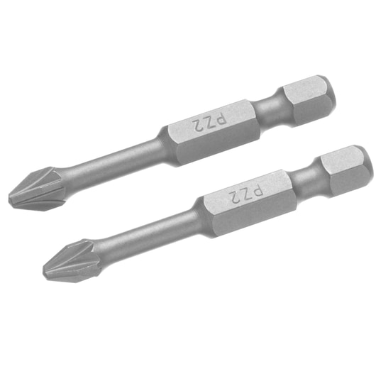 STANLEY STA62181 two silver Phillips screwdriver bits, PZ2 marked, side angle on white background.
