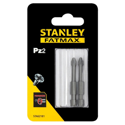 STANLEY STA62181 screwdriver bits pack, Pz2 type, front angle, in black and yellow packaging