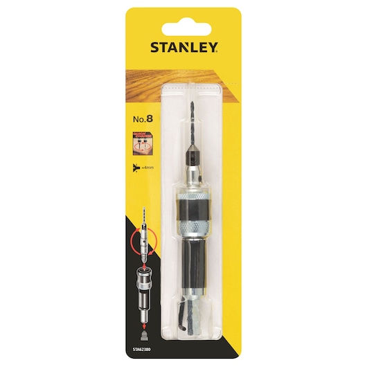 STANLEY STA62380 drill countersink bit, packaged, front angle, yellow and black card, No.8, 4mm size.