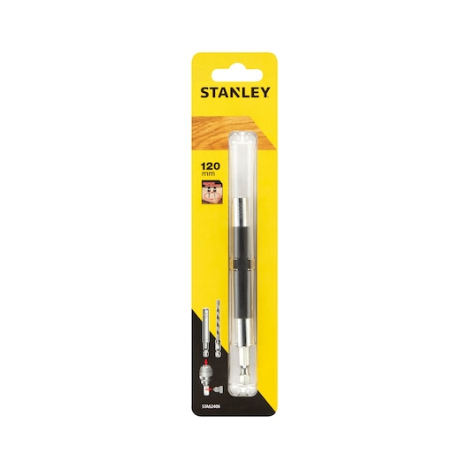 STANLEY STA62406 drill bit extension, 120mm, in yellow retail packaging, front angle photo.
