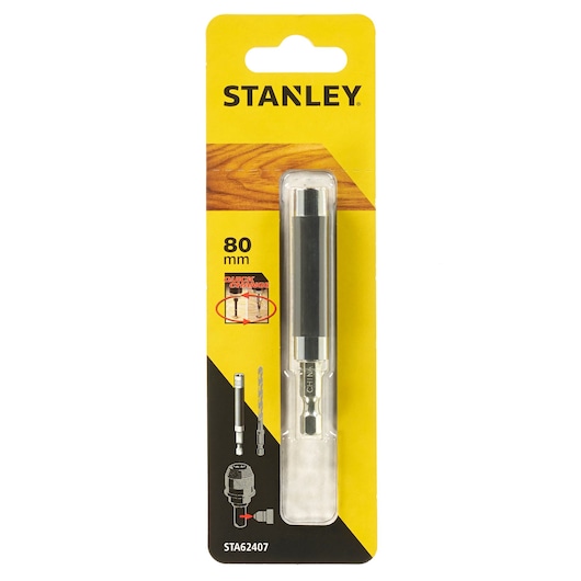 Photo of STANLEY STA62407 bit holder 80mm in retail packaging, yellow and black design, shown from front angle.