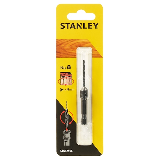 Stanley STA62506 drill bit No.8, 4mm, in yellow retail packaging, front angle photo.