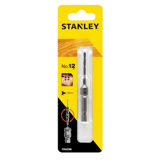 STANLEY STA62508 drill bit in retail packaging, yellow and black, front angle, photography product.