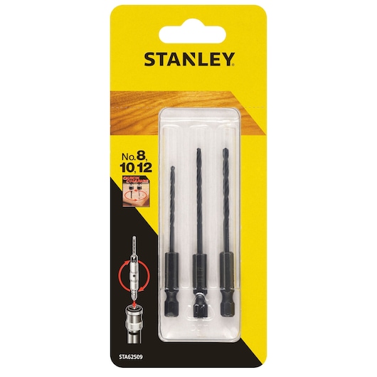 STANLEY STA62509 drill bit set, three black quick-change bits, front packaging view.